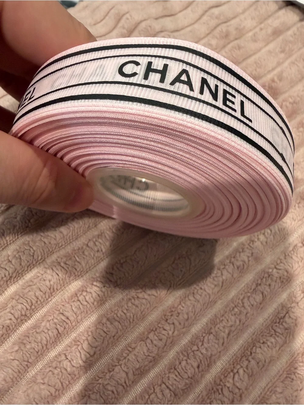 CHANEL Pale Pink Grosgrain Ribbon with Black Logo 40yards